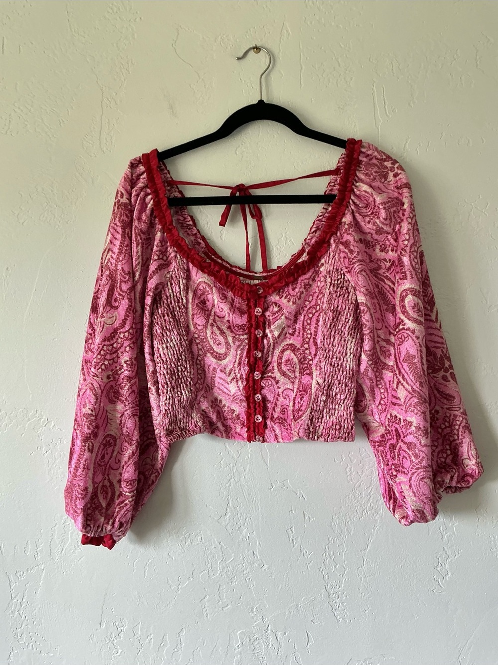 Free People Dare Me Velvet Pink Paisley Crop Blouse